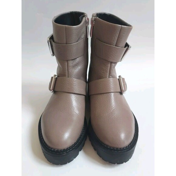 NWOT Ladies/Girls Nordstrom Taupe Leather 2 Buckle Zip Moto Ankle Boots Size 4 - Picture 2 of 8